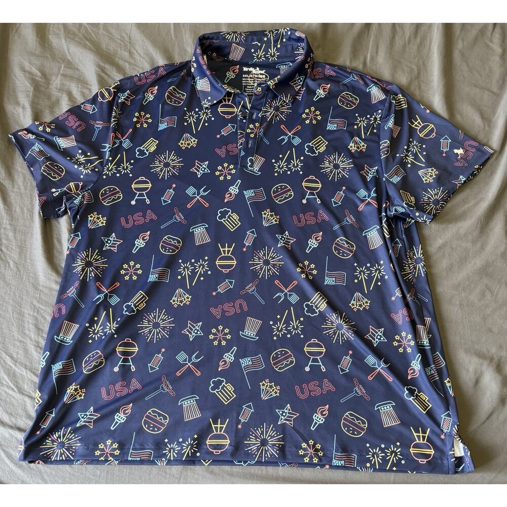 Birdie Bound Golf Polo Mens 3XL USA‎ BBQ Fireworks Performance Stretch Patriotic